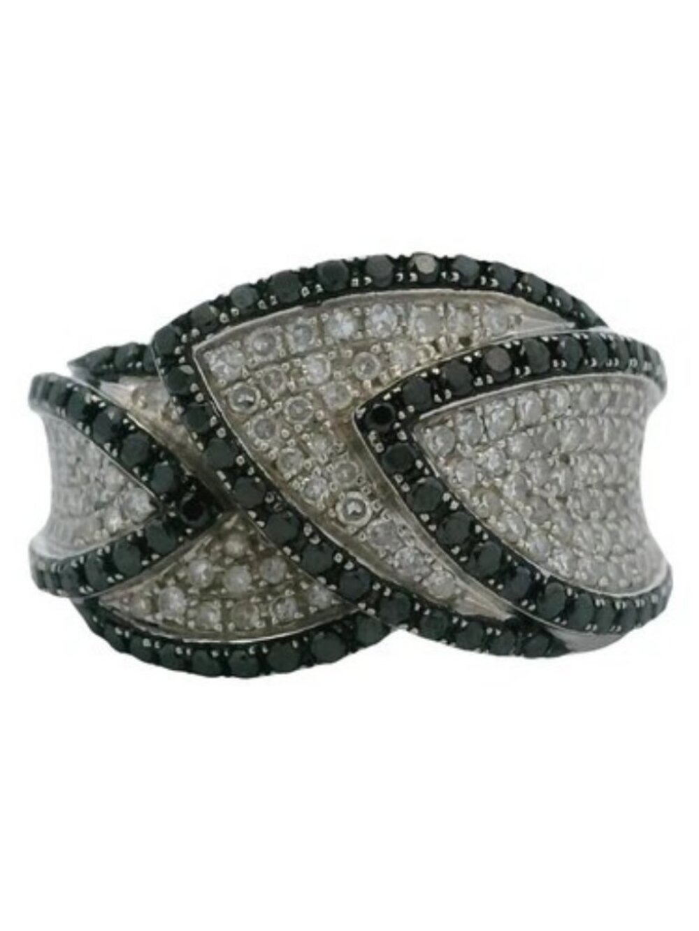 EFFY 14kt White Gold Pave 1.17ctw White Black Diamond Cluster Leaf Ring Size 7.5